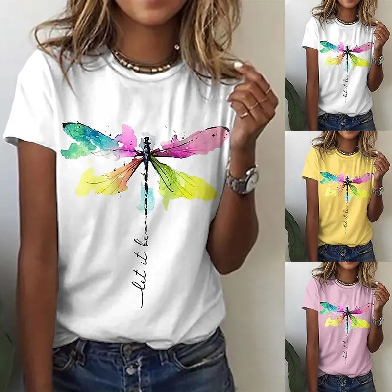 女性用Tシャツ夏の女性のドラゴンフライ印刷絵画Tシャツ丸いネックトップカジュアルと緩む女性プルオーバー特大