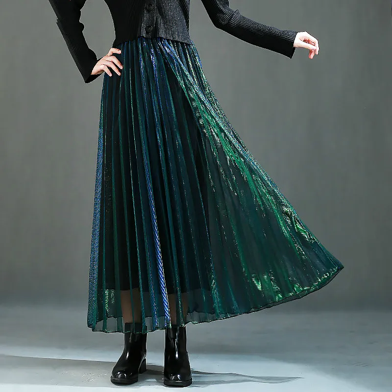 Summer Discolor Shine Gradient Pleated Long Gauze Skirt Metallic A