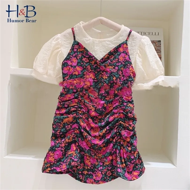 Humor Bear Girls Ubrania Set Summer Fashion Top  Sling Floral Dress 2PCS Toddler Kids Ubrania 220425