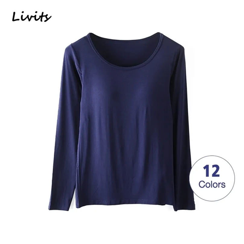 Women T-Shirts Buili-in Bra Padded Stretchable Modal Tops Tshirts Long Sleeve Plain Sexy Casual Korean Spring Autumn SA0067 210312