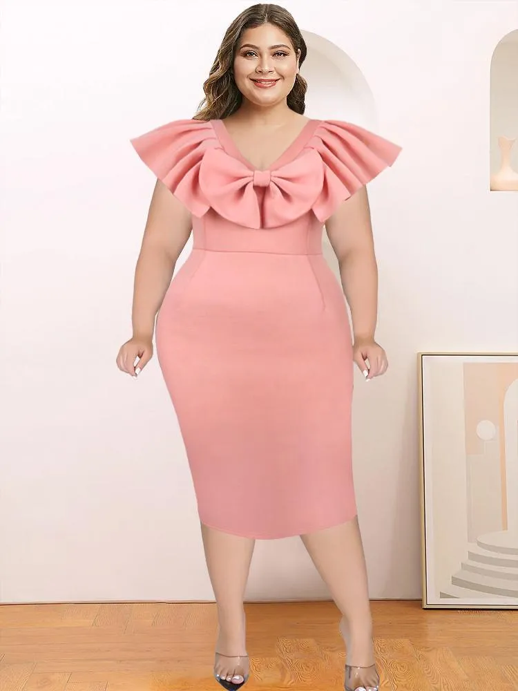 Plus Size Dresses Pink Dress Women Party 2022 Elegant Ruffle Bow V Neck Slim Fit Robe Sleeveless Sexy Midi Birthday Event African SummerPlus