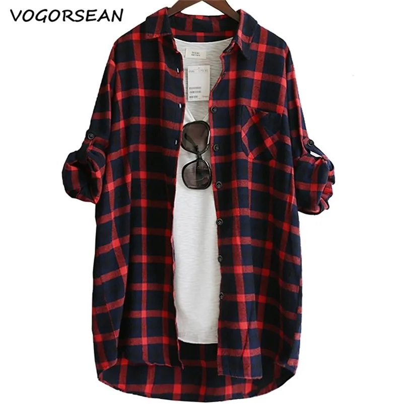 Vogorsean Cotton Women Blouse Shirt Plaid 2020ルーズカジュアル格子模様の長袖大きなサイズトップレディースブラウスレッドグリーンLJ200813