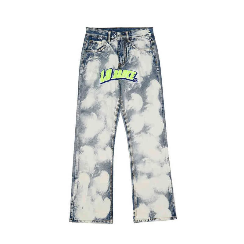 2021 Élégant Lettre Broderie Tie Dye Hommes Droite Baggy Jeans Pantalon Lavé Distressed Vintage Hip Hop Denim Pantalon Spodnie T220803