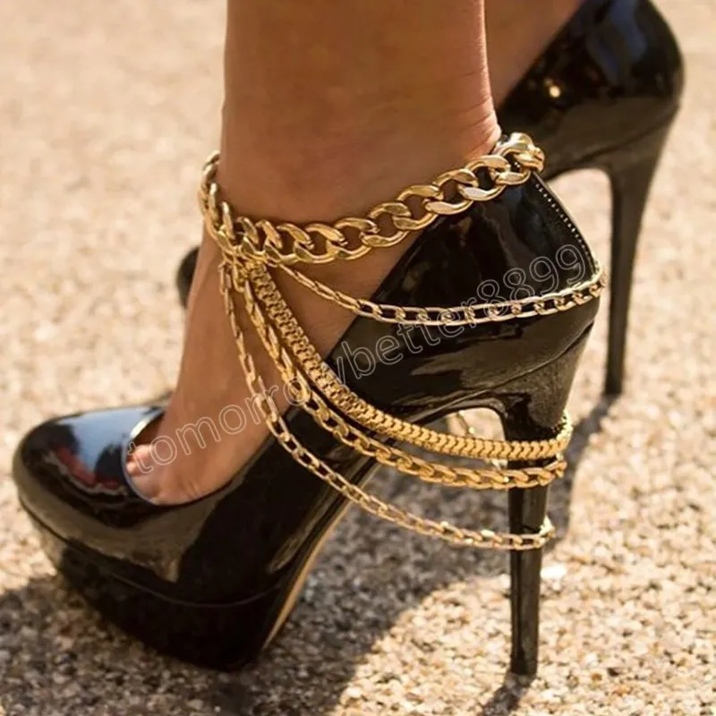 Tobillera gruesa con borlas multicapa para mujer, cadena de eslabones de Metal de Color dorado/plateado a la moda, sandalias descalzas para pies, joyería