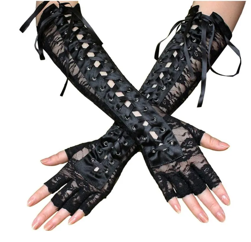 Vingerloze veter omhoog lange handschoenen kostuum accessoires feest zwart ellebooghandschoen steampunk handschoenen rekbare arm warmer voor vrouwelijke meisjes