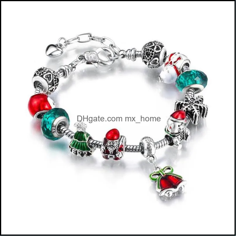 Favor Christmas Santa Bell Charm Bracelets DIY Jewelry Making Green Xmas Tree Silver Color Alloy Crystal Bead Bracelet