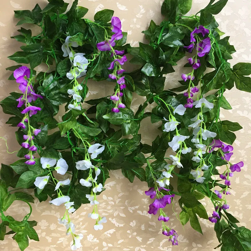 Ny ankomst 2m Long Artificial Flower Wisteria Vine Garland Plants Lövverk för Bröllop Hem Office Hotel Decor 100 st