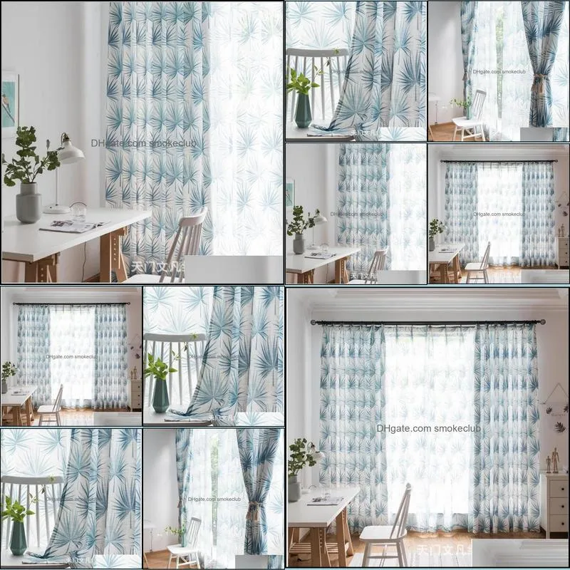 Curtain & Drapes Blue Big Leaves American Country Pastoral Style Northern European Cotton And Linen Printed Curtains For Living Room