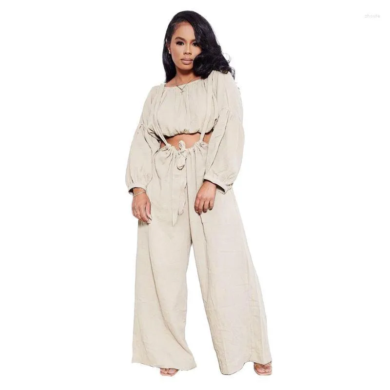 Women's Two Piece Pants 2022 Autumn Casual Solid Color Round Neck Long-Sleeved Split-Knot Top And High Waist Trousers Suit Roupas Femininas