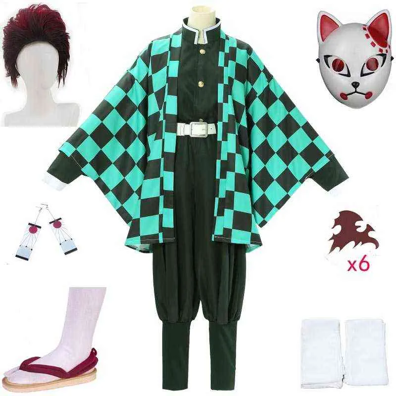 Aldult Kids Demon Slayer Kimetsu no Yaiba Tanjirou Kamado Cosplay Come Kimono Cloak Festa de Halloween Roupas Anime Conjunto Uniforme L220715