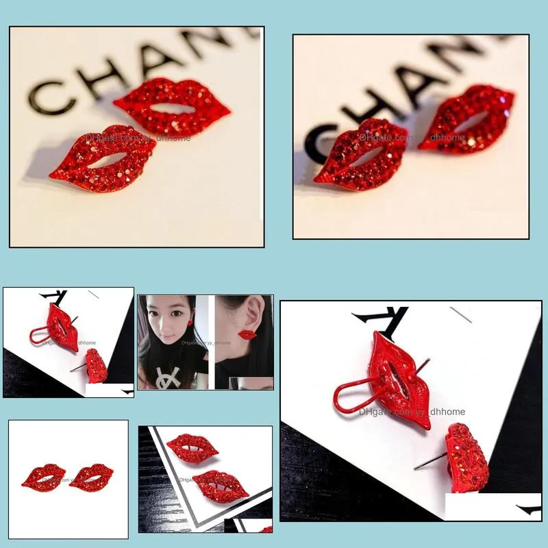 Sexy Red Lip Diamond Stud Earrings Vintage Fill Rhinestone Big Stud Earring Women Girl Evening Party Jewelry Valentine Gift
