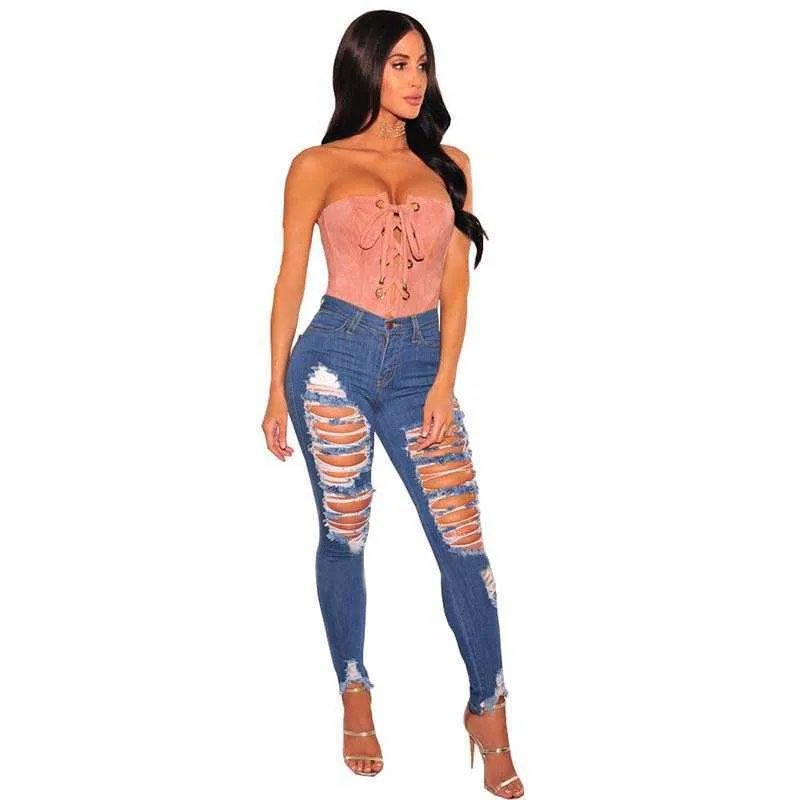 Ripped Women Skinny Holes Jeans Fashional Push Up Middle Waist Pants Casual Slim Fit Long Pant Female Trousers