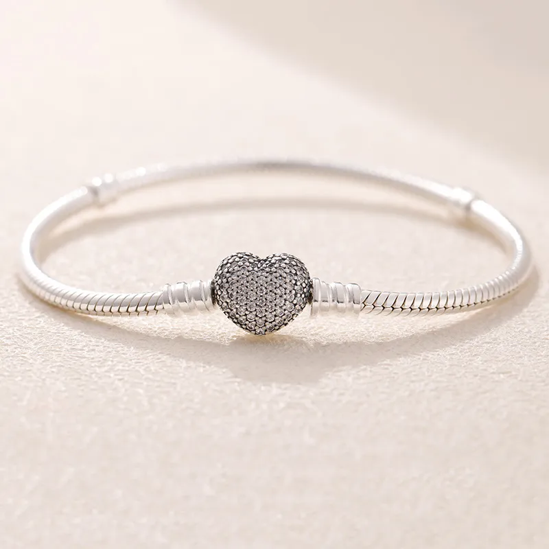 Classic CZ diamond pave Love heart Charms Bracelets 925 Sterling Silver snake chain Women Girls designer jewelry with Original gift box for Pandora bracelet