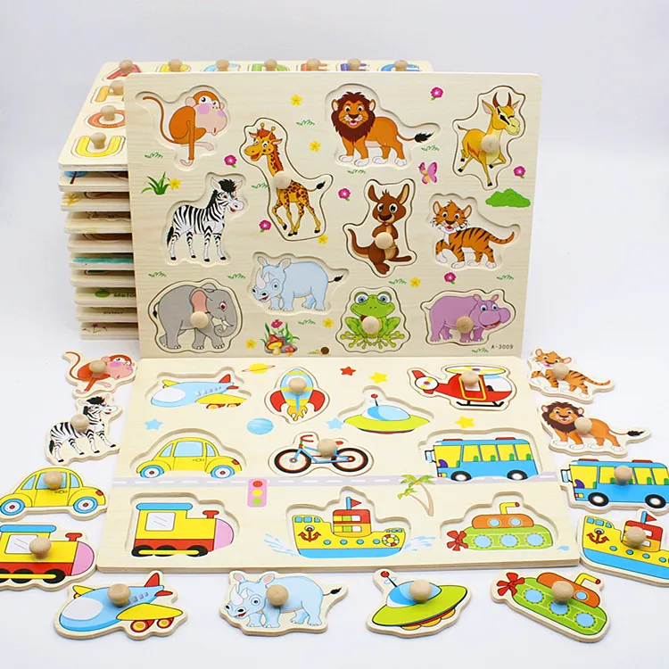 19 Stile 3D Puzzle Giocattoli in legno per bambini Cartoon Animal Wood Jigsaw Toddler Baby Early Educational Learning Toy Kids Hand Grab Board W3