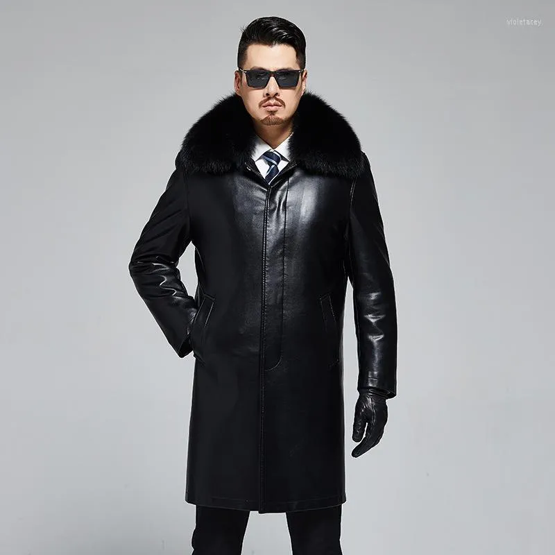 Men's Trench Coats 1919 Fashion Winter Clothing Leather Fur Overcoat Real Collar Long Rex Mens Coat Viol22