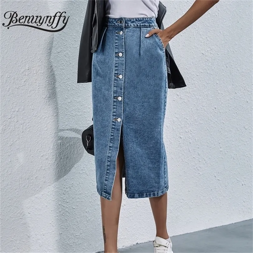 Benuynffy Einreihiger knielanger Jeansrock für Damen, Streetwear, lässig, Tasche, hohe Taille, gerader Jeansrock, 220701