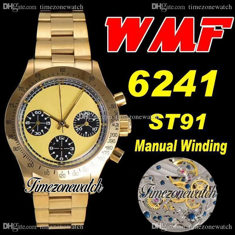 WWF Paul Newman 6241 ST91 Chronographe à remontage manuel Montre pour homme 1967 Rare vintage Or 18 carats Cadran jaune noir Bracelet OysterSteel Timezonewatch Super Edition B2
