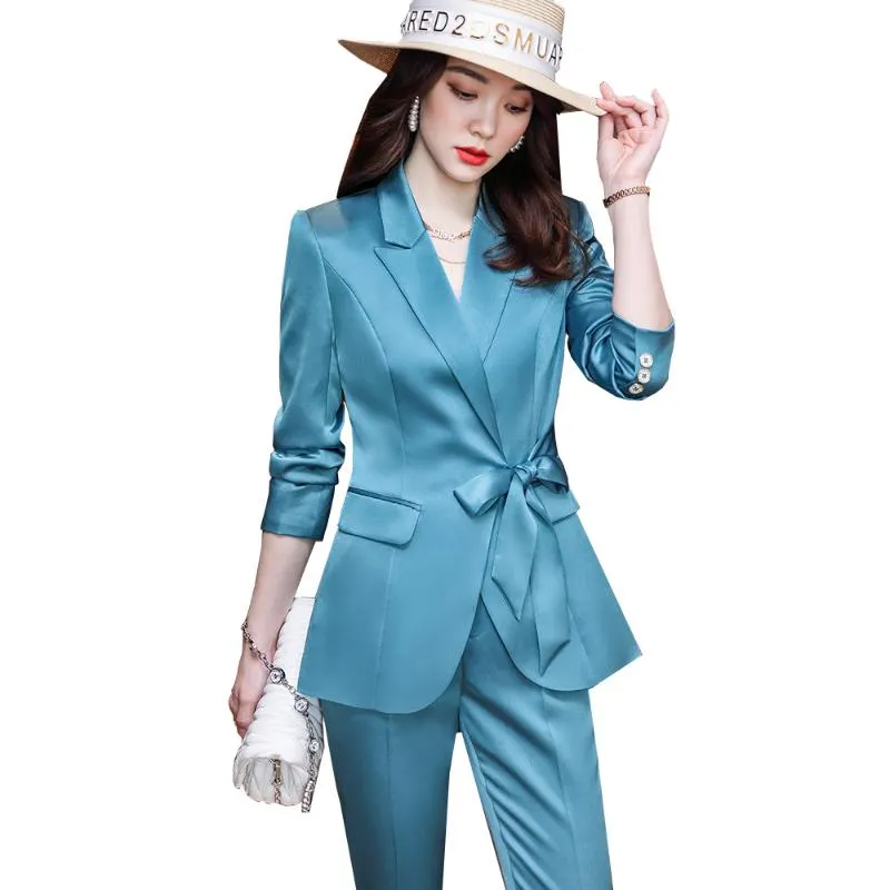 Women's Two Piece Pants Elegant Ladies White Black Blue Pant Suit Blazer Formal Women Female Jacket And Trouser Office Work Business Wear 2