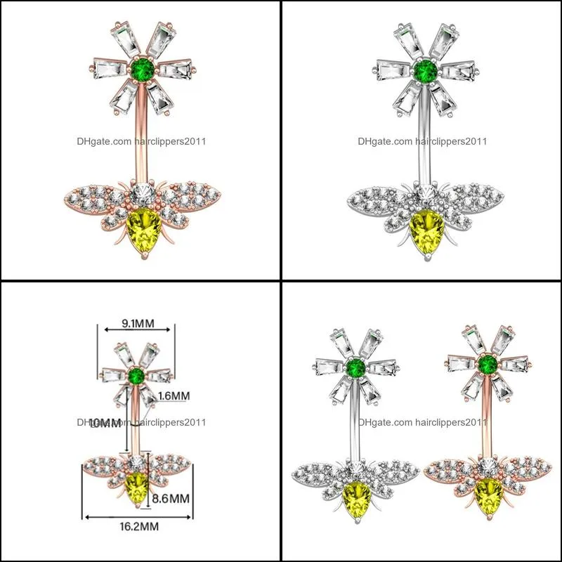 cz body piercing jewelry bee flower belly button rings 316l surgical steel navel bar with zircon