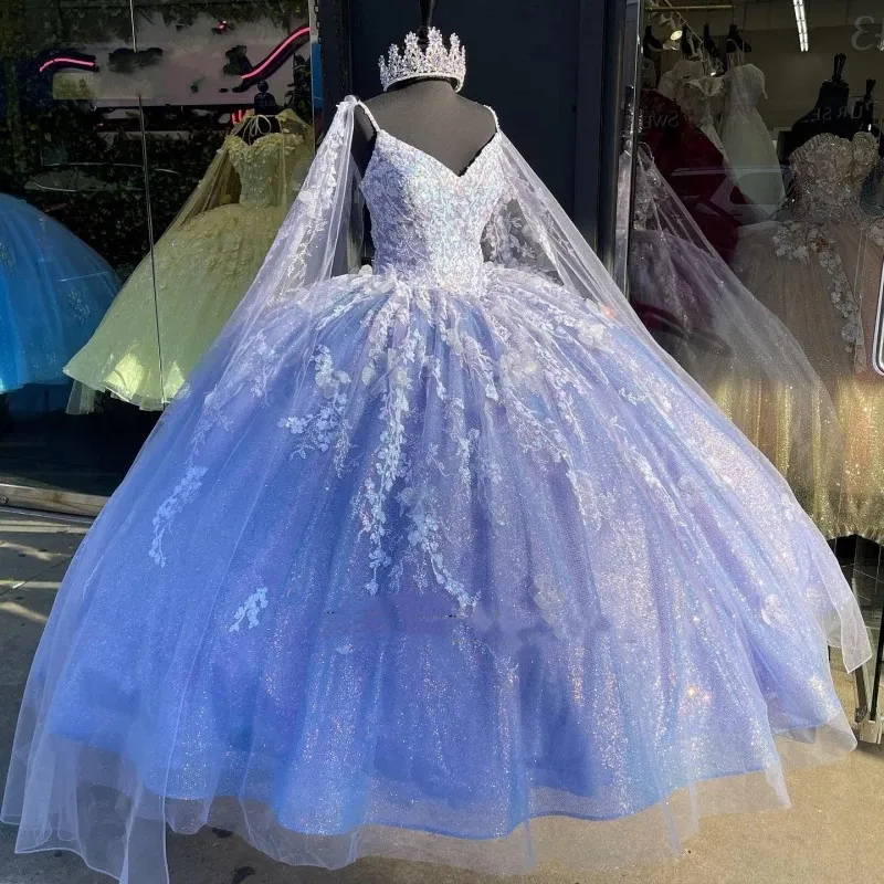 Vestidos elegantes de quinceañera con apliques de encaje en la capa Vestido para 15 años 2022 Lentejuelas dulces 16 vestidos de graduación
