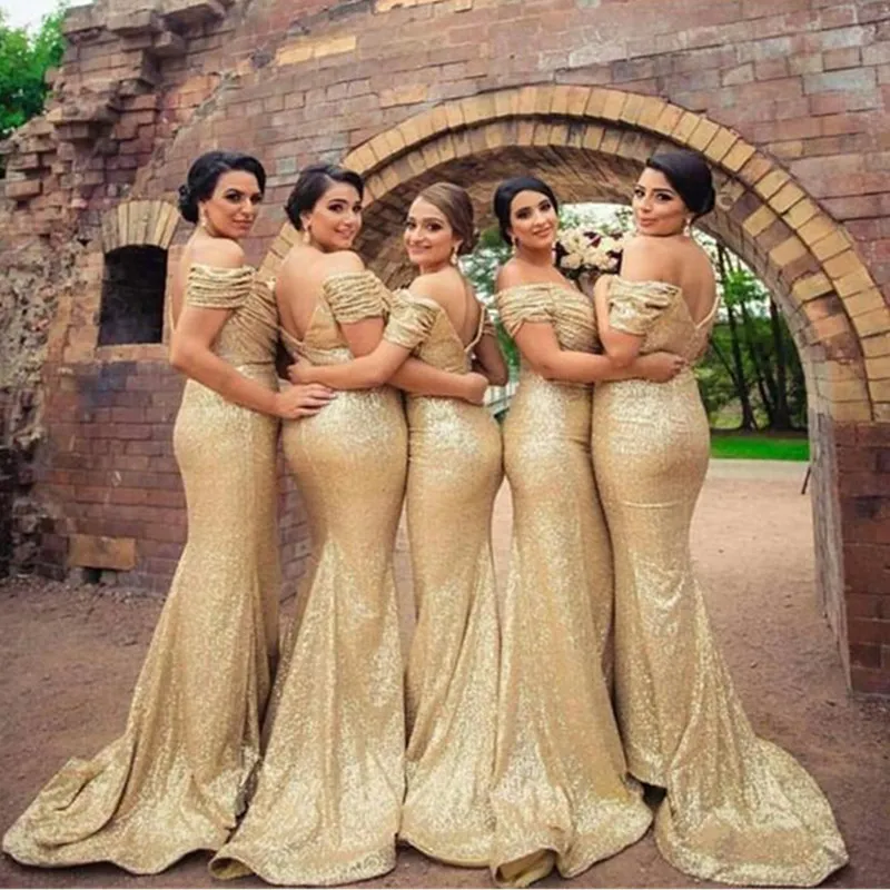 Off The Ramię Złote Cekiny Druhna Sukienka Suknia Wieczorowa Walki Syrenka Długie Backless Plus Size Prom Suknie Gościnne