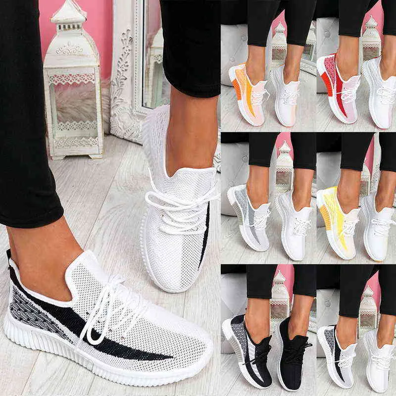 2022 Summer Women Fashion Mesh Breathable Shoes Flat Sneakers Mixed Color Casual Vulcanized Femme Sport Flats Running Shoes Y220526