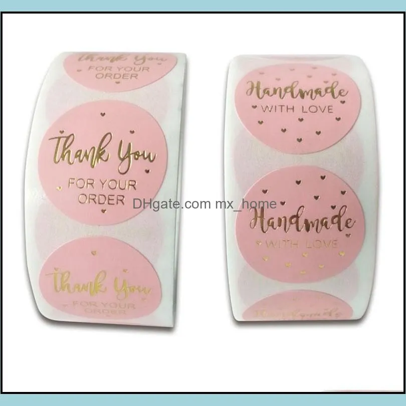 500pcs 1inch Handmade With Love Paper Stickers Pink Round Thank you Adhesive Labels Baking Wedding Party Decoration