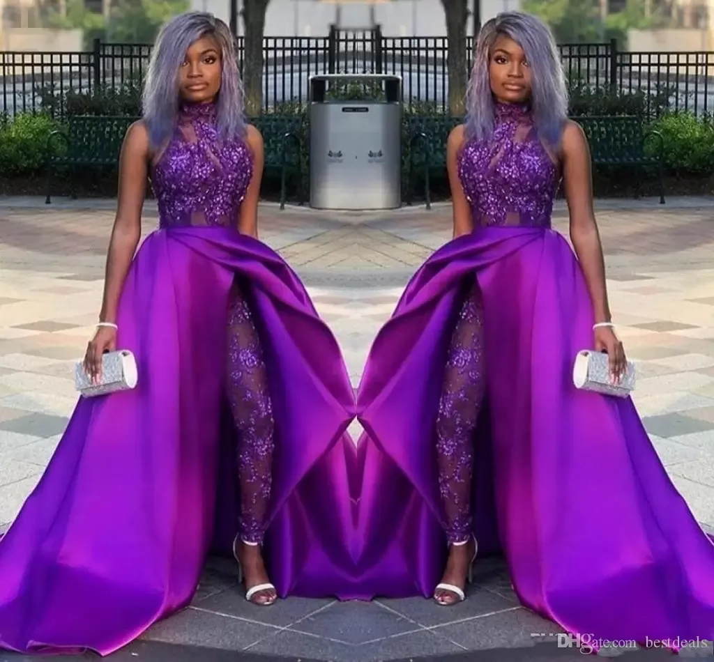 2022 Purple Jumpsuits Prom Dresses With Detachable Train High Neck Lace Appliqued Bead Evening Gowns Luxury African Party Gowns PRO232