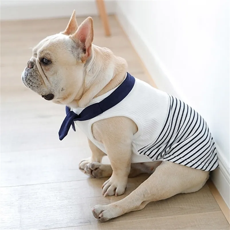 Randiga husdjurskläder marinblå husdjur kläder bomull valp outfit kostym mjuk fransk bulldogg för kappa ropa perro t200710