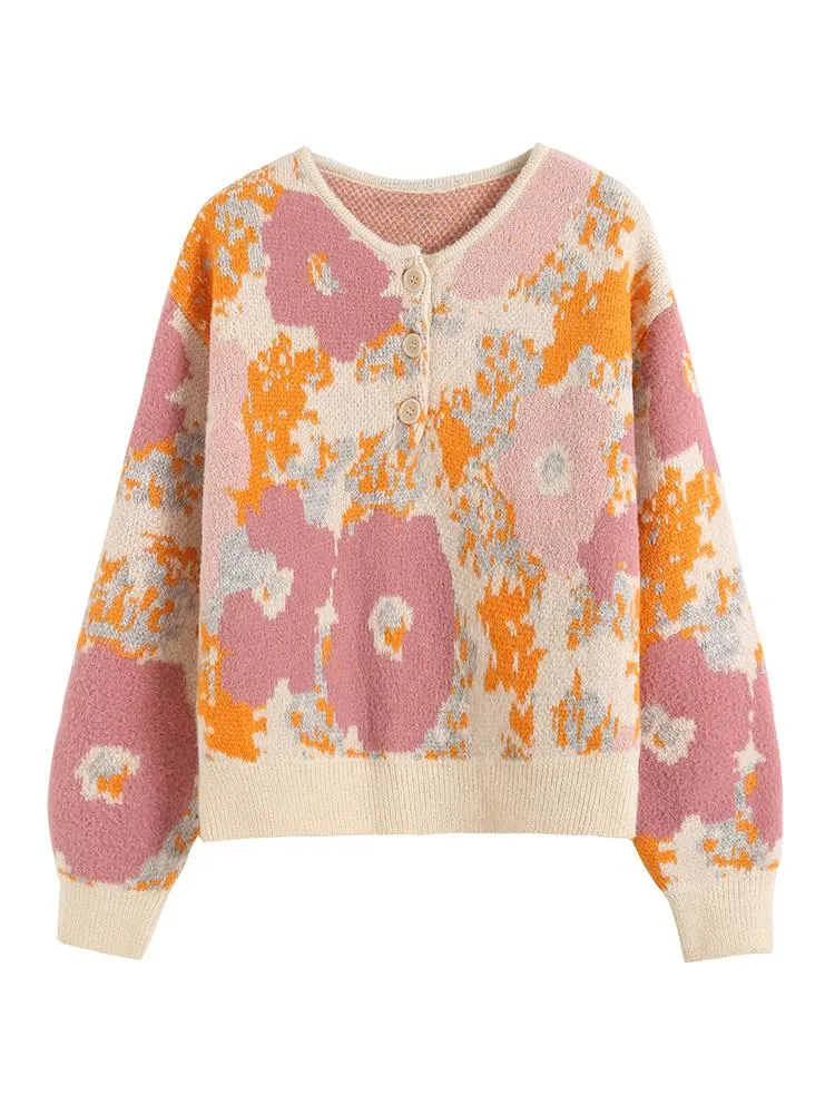 Kvinnors tröjor Vinterkläder Kvinnor 2022 Långärmad blommig jacquard stickad knapp Up Round Neck Loose Pullover Tröja Jumperwome