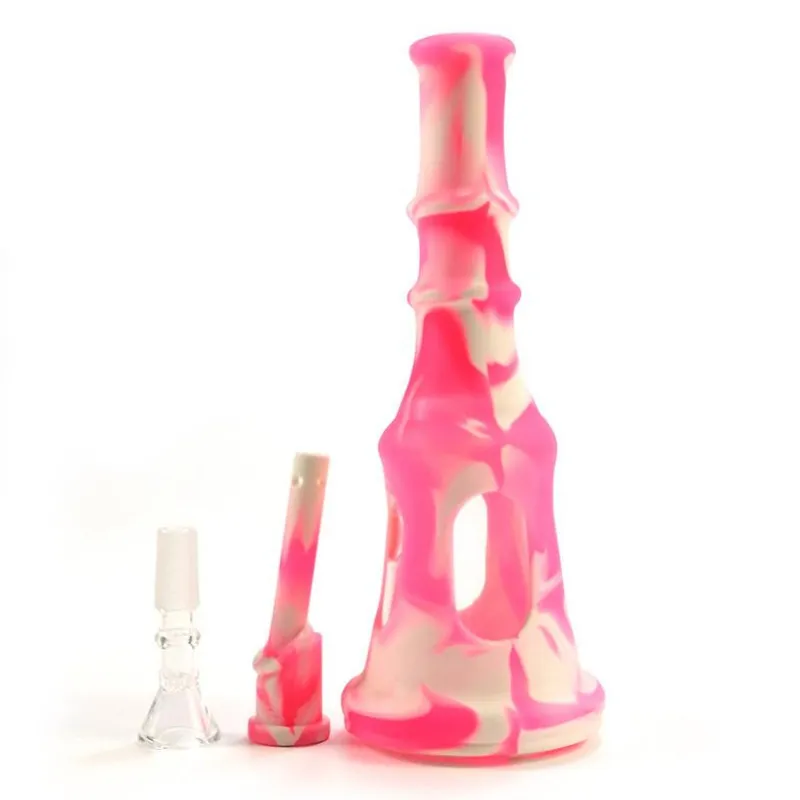 Pink silicone Hookahs Bong glass water pipe 9.8 inches height pagoda design removable with Glass bowl for Retail or Wholesale