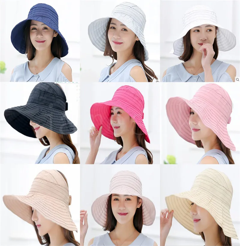 Zomer vrouwen grote rand zon hoed solide outdoor strand cap voor vrouwen gestreepte ademend UV-bescherming caps casual floppy hoeden DE299