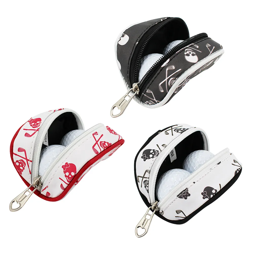 1PC Mini Golf Ball Bag Tees Holder Skull Design Pu Leather Golf Midje Pouch Storage Bag Container dragkedja Stängning CARABINER