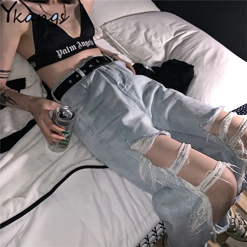 high waist Ripped Jeans For Women's Loose Thin denim Pants Breeches Overalls 2020 Vintage Female Torn Trousers streetwear 220402