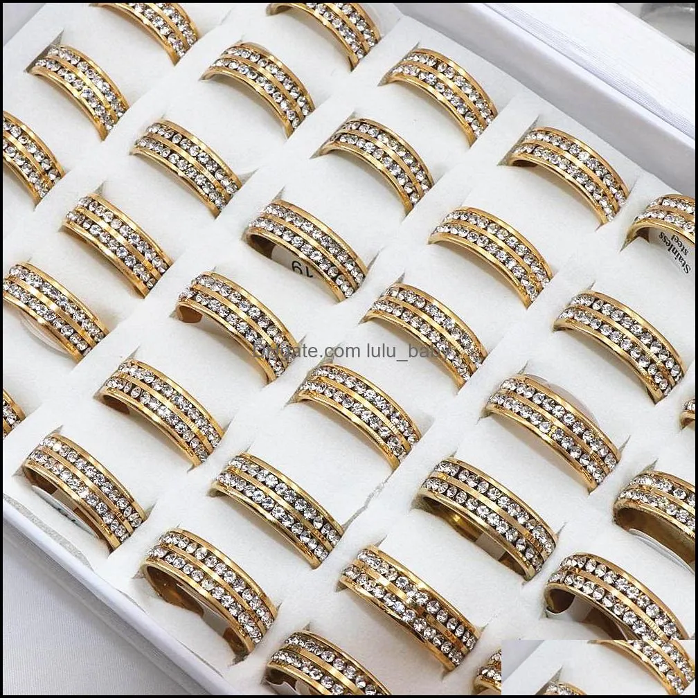 wholesale 36pcs rings 2color mix color double rhinestone stainless steel ring mens polished inside