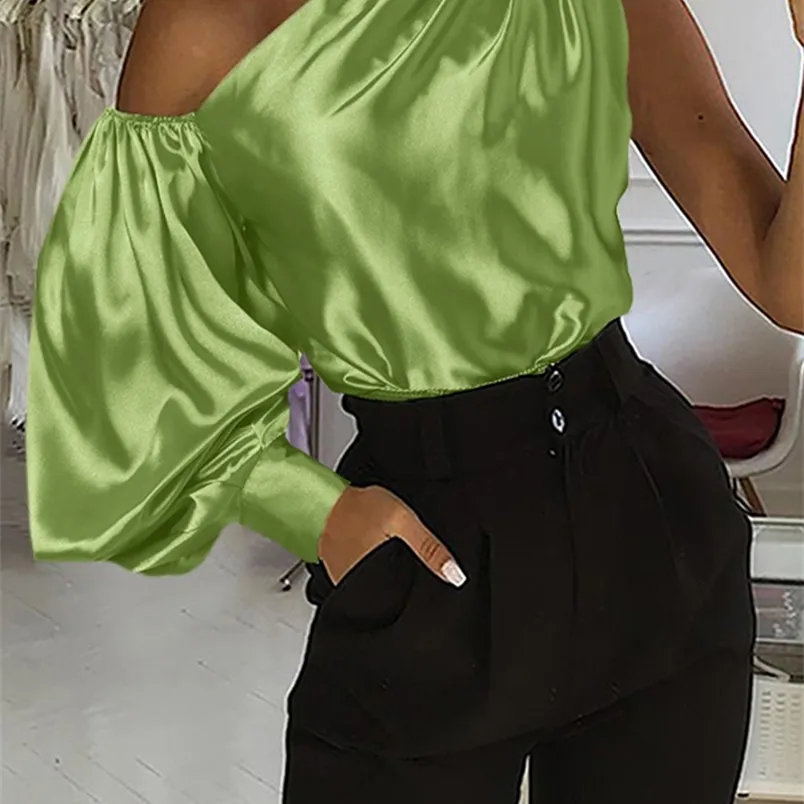 Celmia Shiny Satin One Shoulder Blouse Elegant Women Fashion Lantern Sleeve Tops Casual Asymmetrical Streetwear Shirts 220623