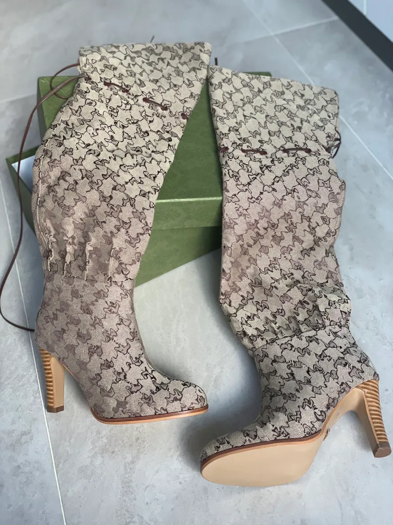 Designer Over the Knee Boots 2024 Winter Canvas Platform High heeled Boots Sexy Elastic Zipper Letter Fashion Booties Thick Heel Shoes