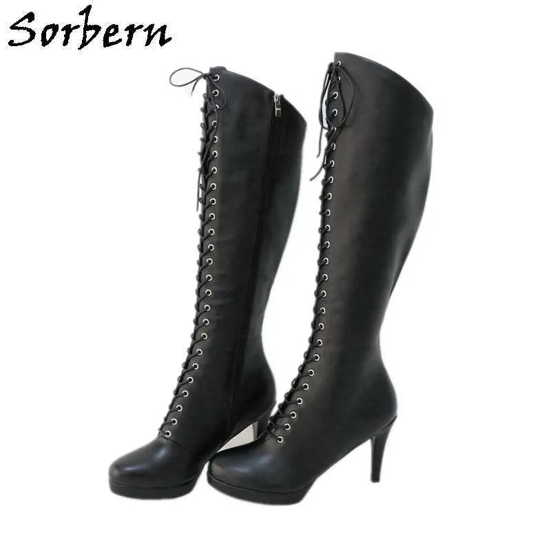 Botas Sorbern Matt hasta la rodilla, tacones de aguja para mujer, botas rizadas con cordones, botas de baile para travestis Sissy, botas de baile personalizadas de corte ancho