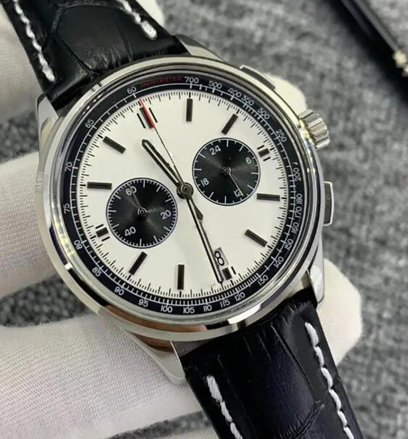 N Quality Men 42MM Silver Rubber Belt Watch Quartz Chronograph Leather Strap Floding Clasp Mens Dress On Wrist Watches