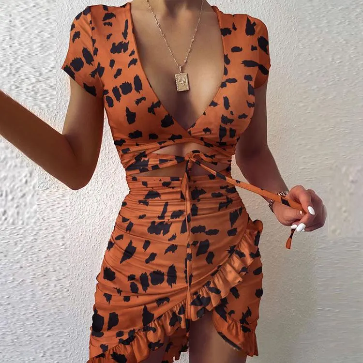 Casual Dresses Women Summer Elegant Leopard Print Sexig V Neck Ruched Cocktail Party Robe Female Vintage Asymmetrical Ruffles Dress Vestidosc