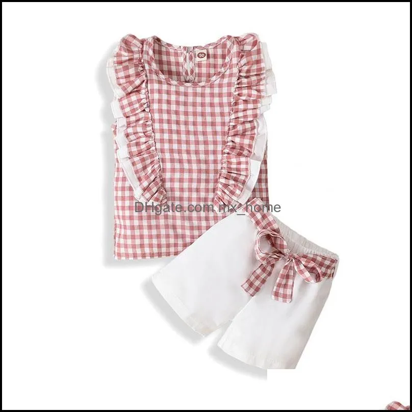 kids clothing sets girls lattice outfits children ruffle flying sleeve plaid tops+shorts 2pcs/set summer fashion baby clothes z6089