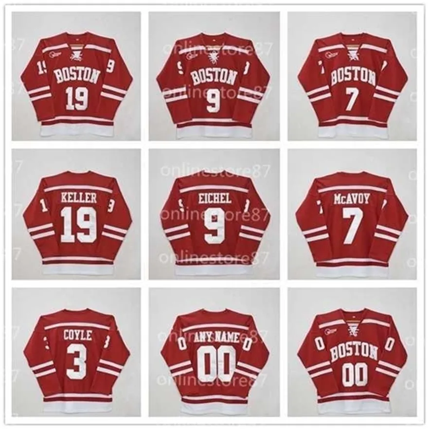 MThr 211Université de Boston 3 Charlie Coyle 7 Charlie McAvoy 9 Jack Eichel # 19 Clayton Keller 20 Diffley Red Patchs cousus Maillot de hockey personnalisé