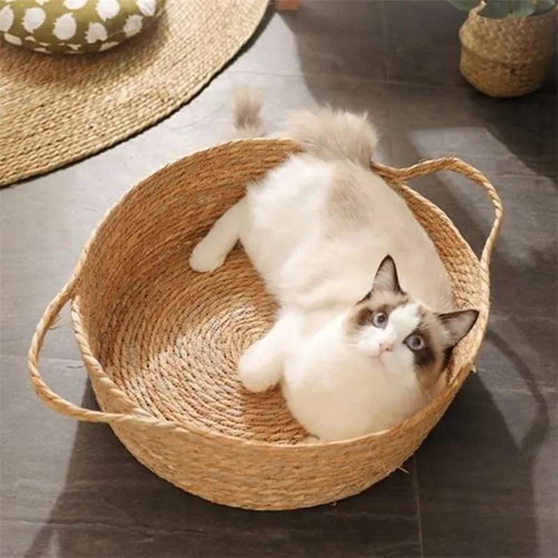 猫のためのペットベッドのための家のための手編まれた籐の柔らかい丸いバスケットの巣の通気性マットの眠っている220323