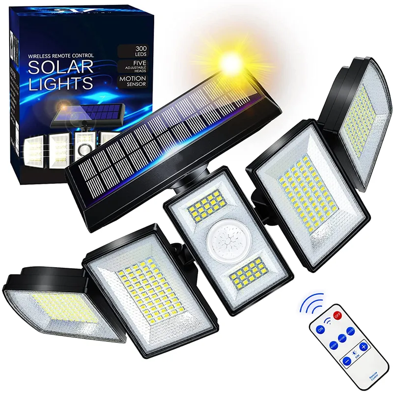 Solarleuchten für den Außenbereich, Bewegungsmelder, 300 LEDs, 7000 K, 5 Helligkeitsstufen, 3 Beleuchtungsmodi, 360°-Winkel, wasserdichtes Sicherheits-Flutlicht