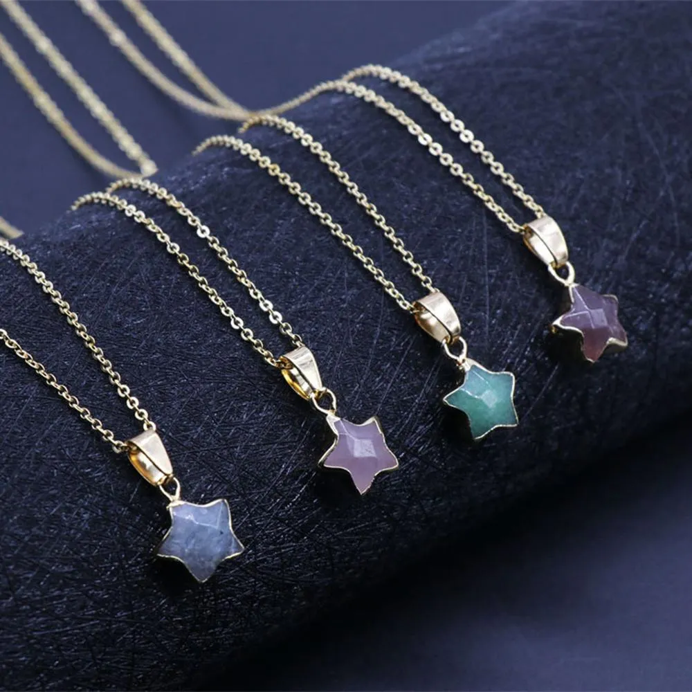 Pentagram Star Pink Crystal Druzy Chakra Nature Stone Gold Plating Geode Quartz Pingente Chain Colar Gift Girl Girl