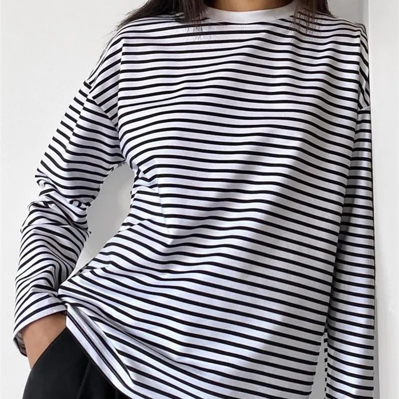 Women's TShirt WOTWOY Early Autumn Long Sleeve Striped Tshirt Women Casual Cotton Loose Basic Tee Shirt Female Cozy Soft Tops Harajuku 2023 230206