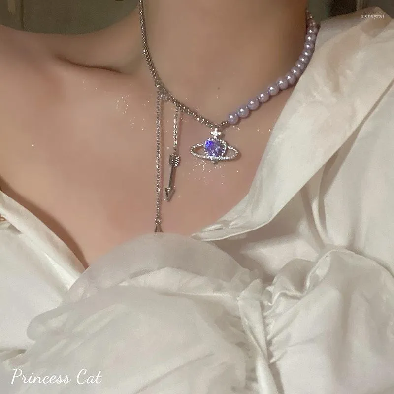 Hangende kettingen Purple Crystal Heart Vorm Universe ketting voor vrouwen prachtige parel snaar kralen ketting choker party sieraden sidn sidn