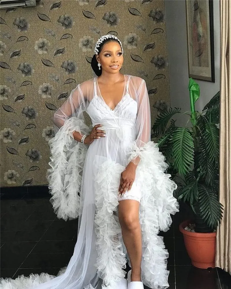 Illusion Tulle Wedding Robe With Sheer Details And Tiered Ruffles  White/Ivory Bridal Bridal Sleepwear And Nightgown From Verycute, $50.13