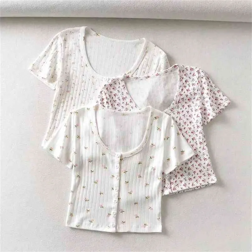 en Amerikaanse mode vrouwelijke zomer bloemen blouse sexy laag uitgesneden ronde kraag uitgehold uit korte mouw t-shirt 210401