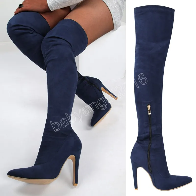 Strek overknee stiletto lederen sok dames dij hoge kruis laarzen puntige teen sexy dames hoge hiel trendy schoenvrouw